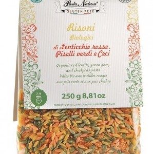 Paste Risoni tricolore cu mazare, linte si naut bio 250g Pasta Natura